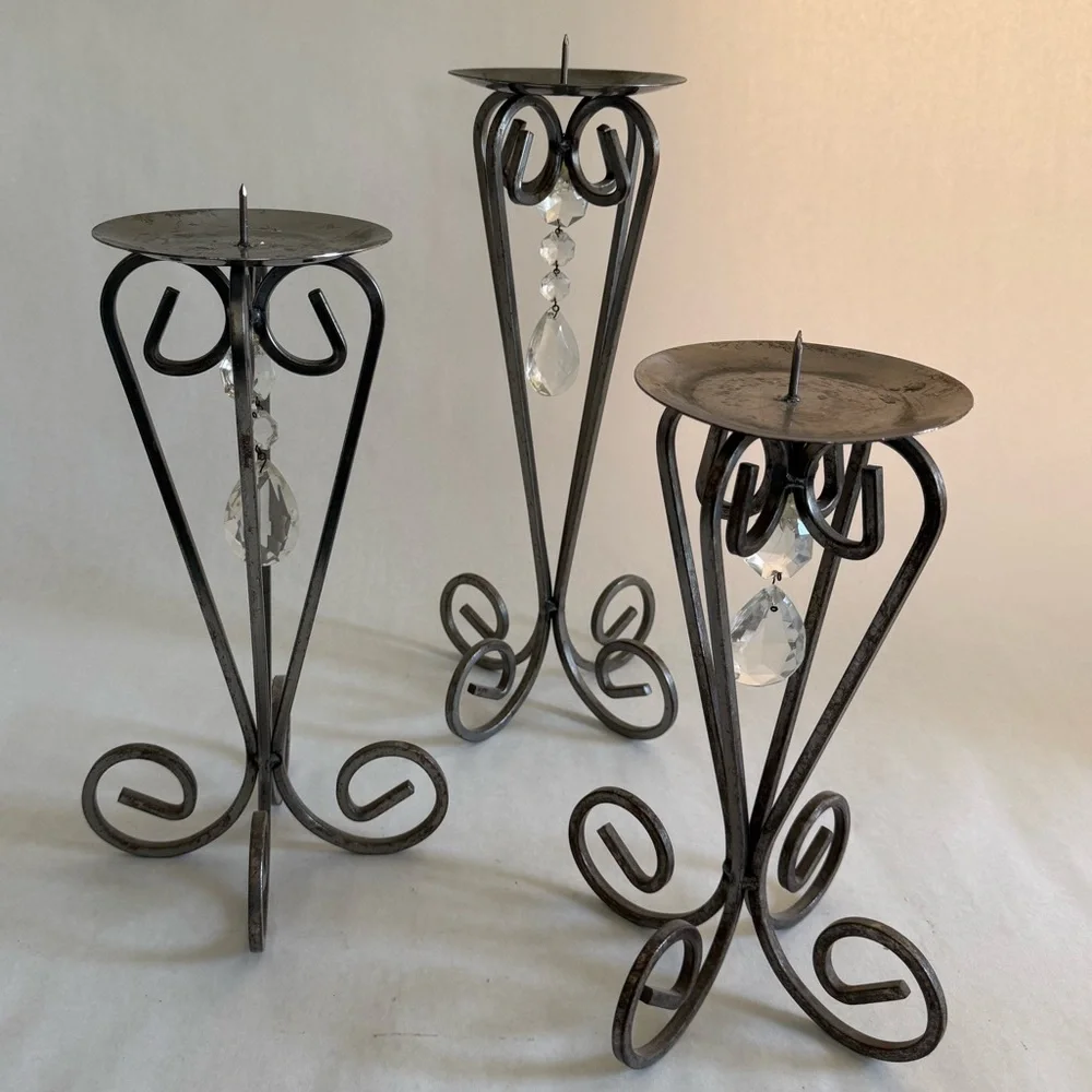 Wrought Iron Pillar Candle Stands with Pewter Patina and Crystal Embellishments